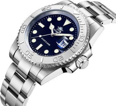 Годинник чоловічий ADDIESDIVE з кварцовим механізмом, аналоговий, водостійкий 20bar, з нержавіючої сталі, великий світний дисплей (срібний)