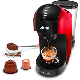 Ufesa Bellagio 3-in-1 Multi-Capsule Coffee Machine for Nespresso Original Capsule, Dolce Gusto, or Ground Coffee, Digital Touch Panel with 7 Levels, 1 L Water Tank, 1400 W, 15 Bar Pressure, Compact (1400 W | RED)