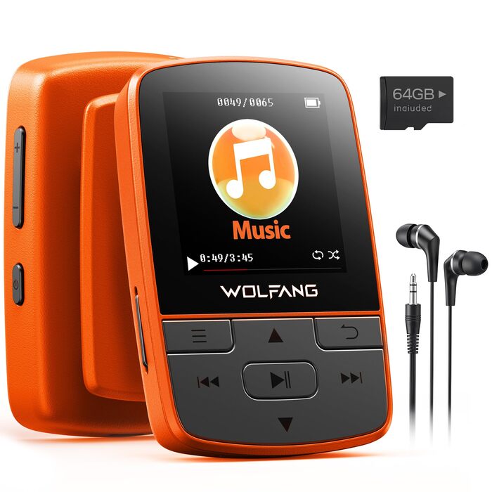 MP3-плеєр WOLFANG 64GB Bluetooth 5.2, помаранчевий: Спорт-кліпса, Hi-Fi радіо, диктофон, навушники в комплекті