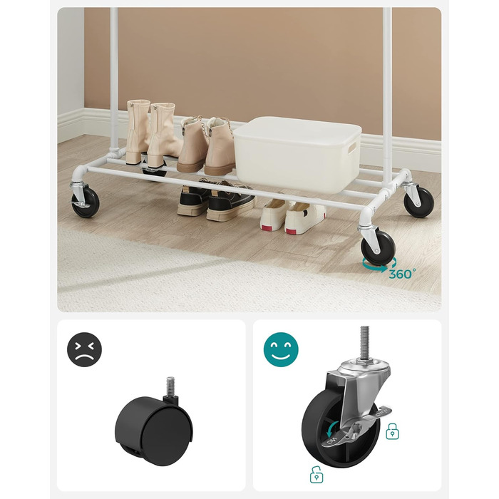 SONGMICS Clothes Rack, Garment Rod, with Wheels, Load Capacity up to 90 kg, Coat Rack with 1 Garment Rod and Shelf, Industrial Design, for Bedroom, Laundry Room, HSR61BK (White)