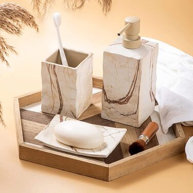 Набір аксесуарів для ванної кімнати керамічний 4 предмети в ретро стилі, коричневий мармур - мильниця, дозатор для мила, стаканчик для зубних щіток