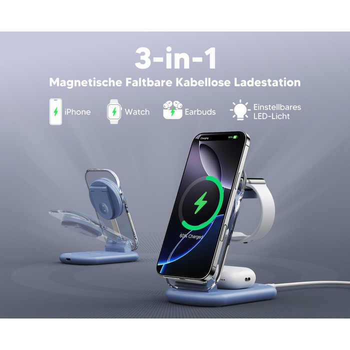 Підставка для зарядки MagSafe 3-в-1 для iPhone 17/16/15/14/13/12 Pro Max/Air/Plus/Pro та Apple Watch 10/9, AirPods 3/2/Pro (блакитна)