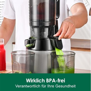 Fretta Slow Juicer with 135mm Opening, Juicer for Vegetables and Fruit Test Winner, 250W Breastfeeding Juicer with Cold Press, Easy Cleaning & Powerful Motor, BPA-free (Grey, 1.8L) 1.8L Grey