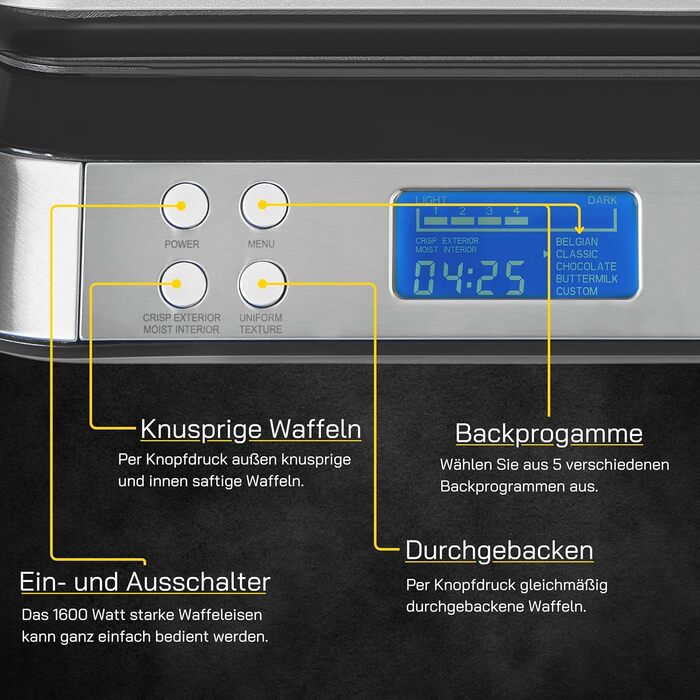 GUTFELS WAFFLE 5010 Electric Waffle Maker with Non-Stick Plates, Timer, Display, Overflow Protection, 5 Programs, and Overheat Protection