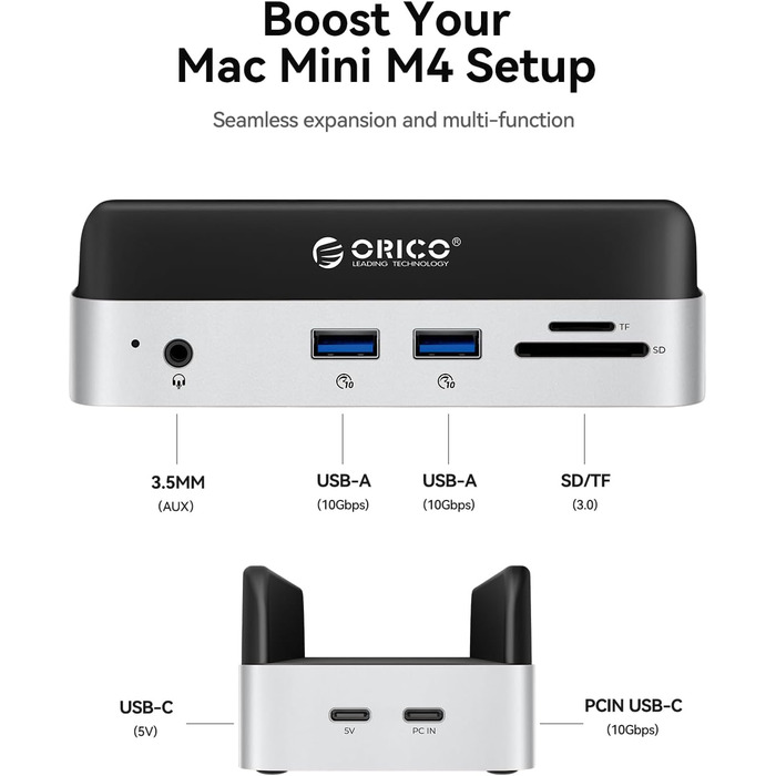 ORICO MiniDock: Док-станція та підставка для Mac mini M4/M4 Pro з корпусом для NVMe SSD, USB-C хаб з 4K HDMI, DisplayPort, SD/TF 3.0, USB-C/A 10Gbps, PD 100W - VS10 (6-в-1, DIY)
