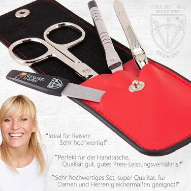Набір для манікюру та педикюру 'Modena' від DREI SCHWERTER | 4-х частинний набір у шкіряному футлярі, виготовлений у Німеччині. Колір: Червоний. Вміст: ножиці для нігтів, пінцет, алмазна пилка для нігтів та лопатка для видалення кутикули