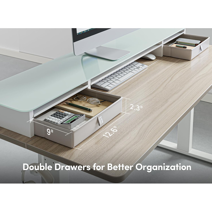 FEZIBO Electric Standing Desk with 2 Drawers - 140x60cm, Memory Control, Anti-Collision System, Light Brown Woodgrain
