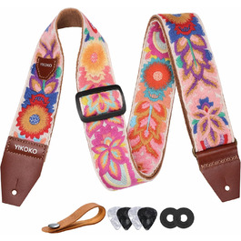 Гітарний ремінь 5,1 см з бавовни з шкіряними кінцями для бас-гітари, електрогітари та акустичної гітари (Квітка, кольорова 03)