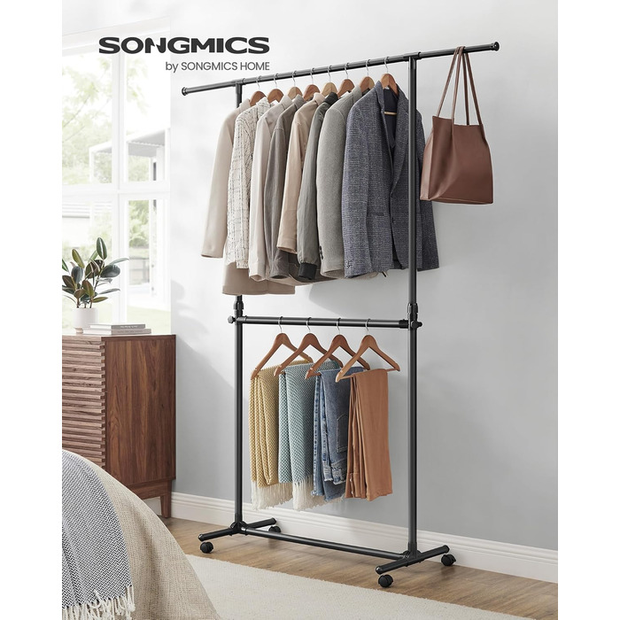 Вішалка для одягу SONGMICS LLR401B01 з 2 штангами, чорна, на колесах, регульована висота 113-180 см