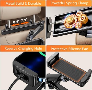 Тримач для планшета в авто, [алюмінієвий довгий кріплення] Тримач для планшету на підголівник авто, [надійно фіксується] Тримач для iPad в авто, чорний, H2