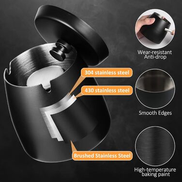 Переносний попільничка з нержавіючої сталі для вулиці з кришкою, 8.5 x 9 см, чорний