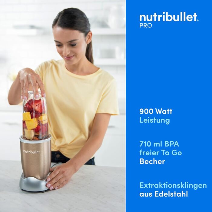 NutriBullet Pro, 900 Watt power, Easy and quick to use, Compact, Easy to clean, With 700 ml cup, Smoothie mixer, Smoothie maker, Electric mixer, NB904CP Champagne Base Kit