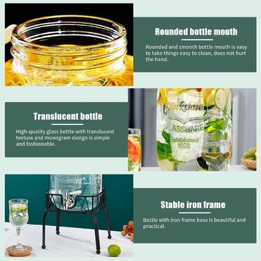 Keg-shaped drink dispenser, 3L/4L/5L glass water dispenser with stand, keg decanter with tap, alcohol dispenser ideal for wine, whisky, beer, juices, lemonade, gifts for friend, husband, father (4L)