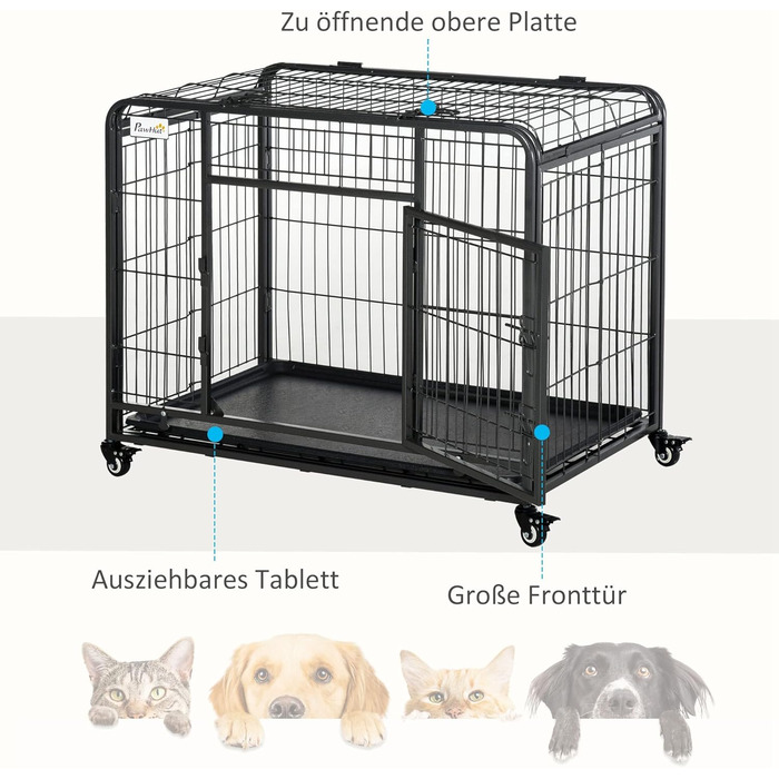 Переносна переносна клітка для тварин PawHut з колесами, 2 дверцятами та знімним піддоном, метал, сірий+чорний, 94x58x69,5 см