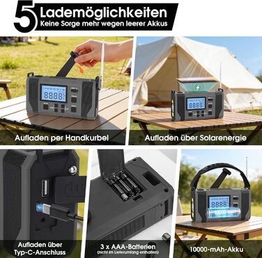 Сонячне радіо з ручним заводом 10000mAh Notfall: AM/FM, ліхтарик, SOS-сигнал, Power Bank, зарядка від сонця/USB/ручки, для кемпінгу, походу, надзвичайних ситуацій, сірий