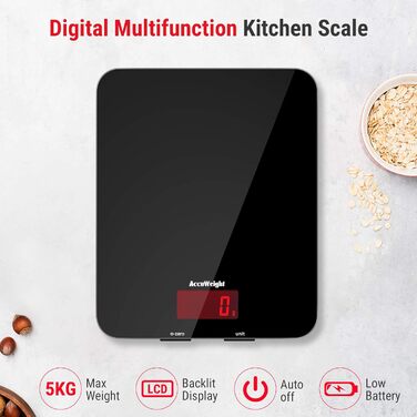 Кухонні ваги ACCUWEIGHT 5 кг з LCD-дисплеєм з міцного скла, функція тарування, ваги для листів, висока точність до 1 г, для випічки, приготування їжі, ювелірних виробів, батарейки в комплекті, автоматичне вимкнення, чорний