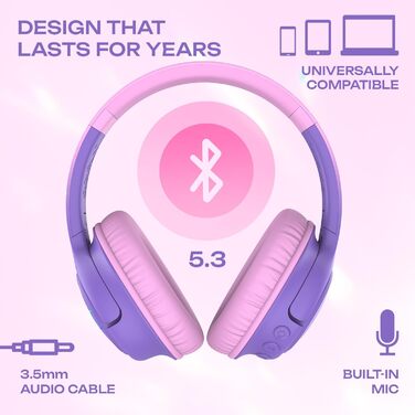 Дитячі навушники PowerLocus Bobo Bluetooth з обмеженням гучності, LED-підсвічуванням, складні, з мікрофоном (фіолетовий)