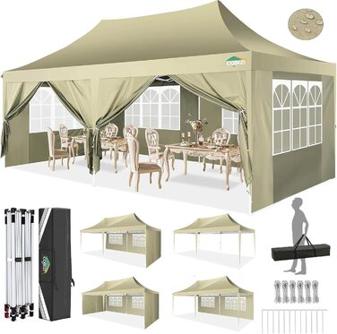 COBIZI Pavilion 3x3 Waterproof, Stable, Winter-Proof Party Tent, Folding Pavilion 3.0, 100% Waterproof and UV 50+ Portable High-End Portability Garden Pavilion, (Khaki, 3x6 with 6 Side Walls)