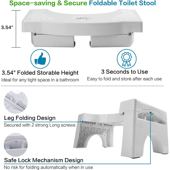 Squat Toilet Stool for Adults, 7 inches Potty Stool, Non-Slip Bathroom Stool, Foldable Potty Stool Stable Potty Stool with Air Freshener Holder for Elderly, Washable and Portable, White