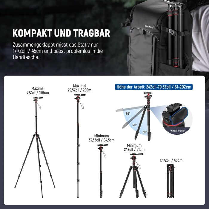 Штатив-монопод NEEWER BASICS TP08 для DSLR та відеокамер, компактний легкий штатив для подорожей з 360° кульковою головкою, Arca-типом швидкої зміни та реверсивною центральною колоною, навантаження до 6 кг
