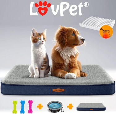 Lovpet® Orthopedic Dog Bed, Dog Cushion, Dog Basket Cookie, Incl. Bowl + 3X Chew Bones, Dog Sofa for Small, Medium & Large Dogs, Removable and Washable Cover, L 91x69x7.6 cm Anthracite (M (76 x 51 x 7.6 cm), Navy Blue / Light Grey)
