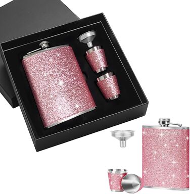 Набір фляг з нержавіючої сталі, рожевий, 8oz/240ml. Фляга з нержавіючої сталі та 2 склянки для шотів. Ідеально для подорожей, вечірок та подарунків.