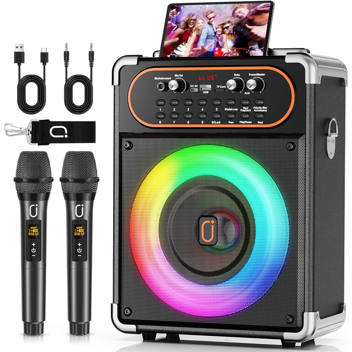 Караоке машина з 2 мікрофонами, портативна Bluetooth колонка з LED-підсвічуванням, Party Box, підтримує USB/TF-картку/AUX/FM, чорний S-68
