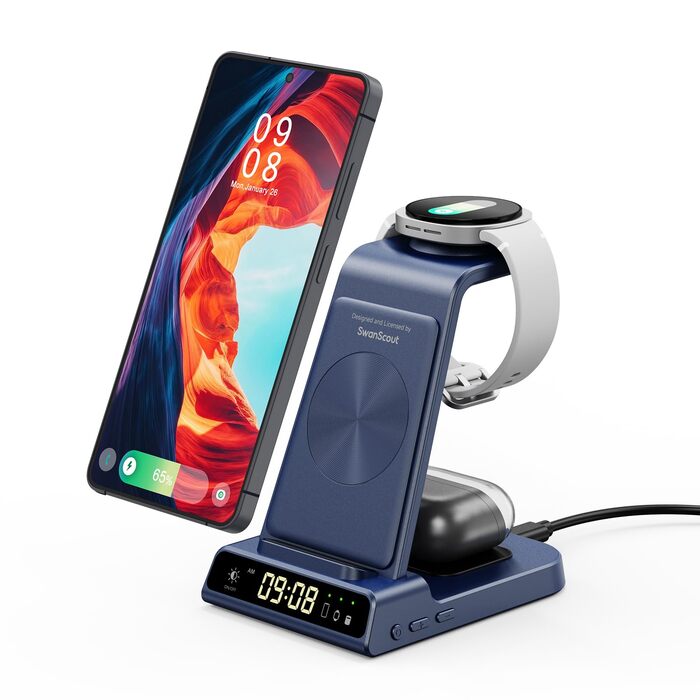 Бездротова зарядна станція 3-в-1 для Samsung Galaxy S26 Ultra, Watch 8/Ultra/7/6/5, Buds 4/4 Pro (Блакитна) - Швидка індуктивна зарядка