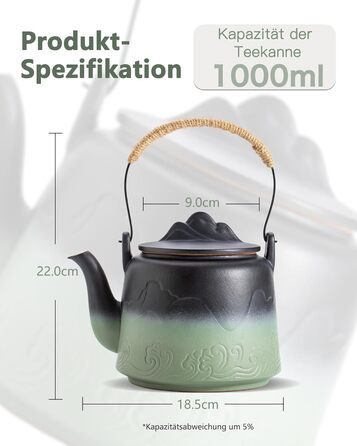 ZENS Design Japanese Teapot, 1000ml Gradient Embossed Japanese Teapot Ceramic with Built-in Strainer and Hemp Rope Handle for Loose Tea Steeper, Gift for Tea Lovers, Black & Bean Green
