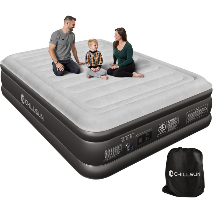 Надувна двоспальна матрац ChillSun з вбудованим електричним насосом, самонадування за 3 хвилини, велюрова поверхня, для дому, розмір Double/King (203x152x46 см)