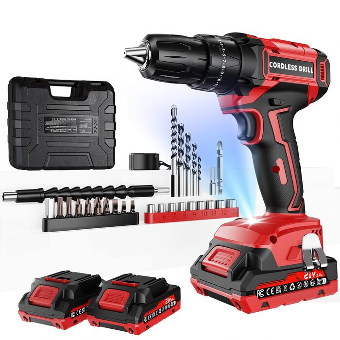 Акумуляторний шуруповерт 21V з двома акумуляторами 2000mAh, 45Nm, 25+3 ступені крутного моменту, LED, для дому та саду, DIY проєкти