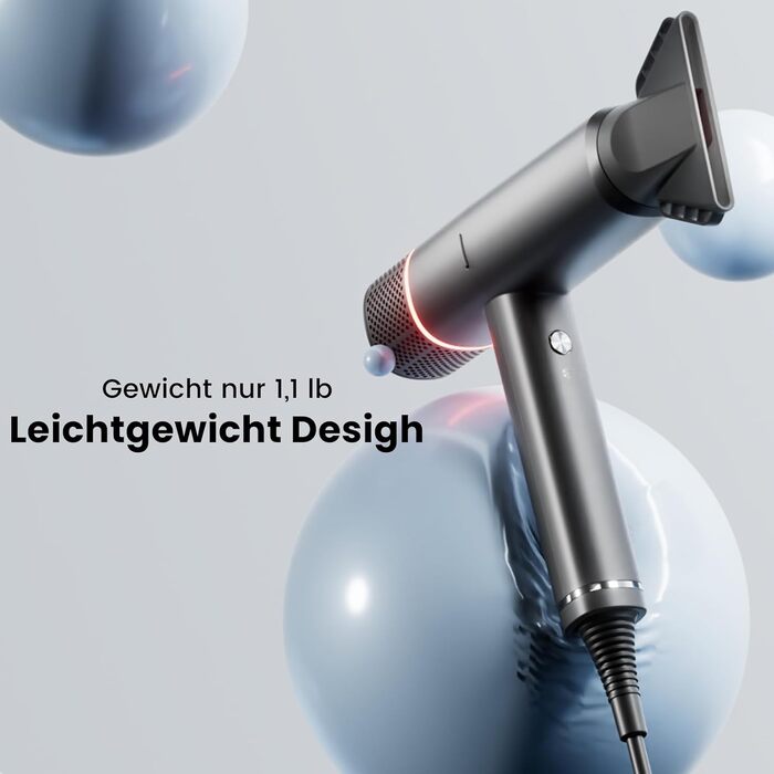 Іонізатор для волосся Föhn - високошвидкісний фен з насадкою-дифузором для жінок та чоловіків, 3 режими/2 швидкості, легкий, рівномірне тепло, тихий, чорний (сірий)