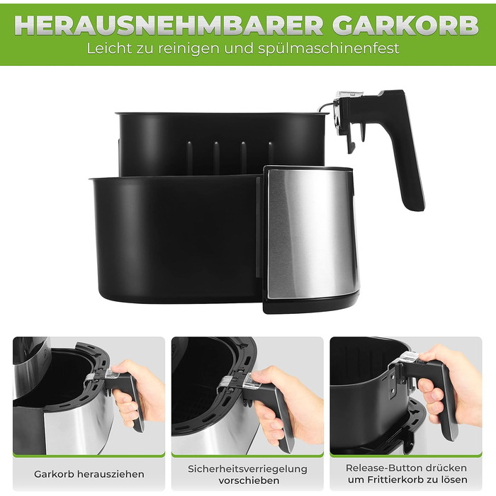 Аерофритюрниця NUTRI-FRYER XXL з нержавіючої сталі, 2000 Вт, 5 л, німецька марка, без масла, тестована, набір для приготування картоплі фрі