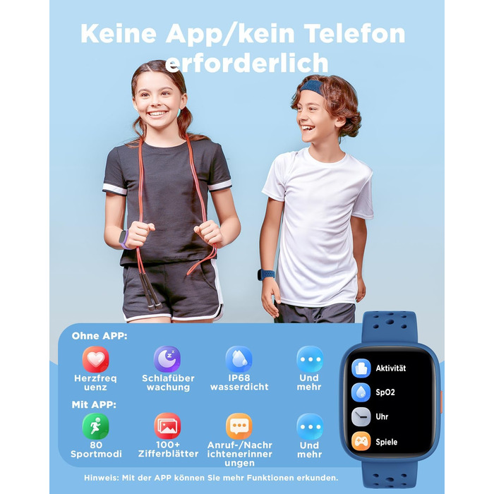 Смарт-годинник BIGGERFIVE для дітей, 1.8' - фітнес-трекер, пульсометр, монітор сну, водонепроникний (IP68), ігри, для дівчаток та хлопчиків 5-16 років, блакитний