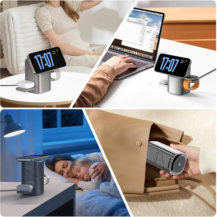Зарядна станція QI2 3-в-1: бездротовий зарядний пристрій для iPhone, AirPods, iWatch з охолодженням та тримачем, 33W адаптер, срібний