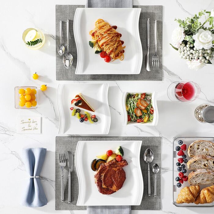 MALACASA Flora Marble Porcelain Dinnerware Set - 30 Piece Combination Set with Coffee Cups, Saucers, Dessert Plates, Soup Plates & Dinner Plates (White)