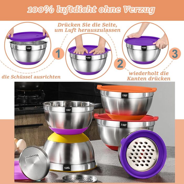 Mixing Bowl Set of 6, Stainless Steel Bowls Salad Bowls with Airtight Lid & Silicone Bottom, 3 Grater Attachments, 6.6 L/3.8 L/2.4 L/1.9 L/1.4 L/0.6 L - Colorful