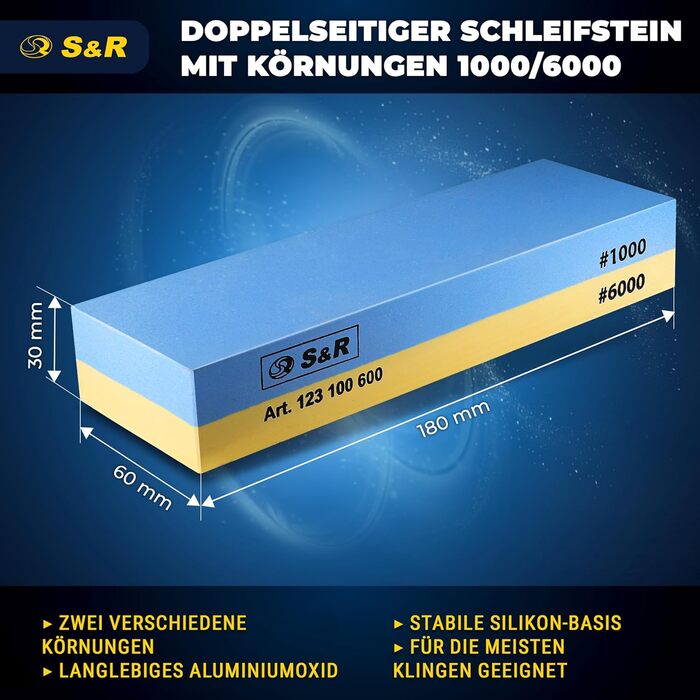 Набір для заточування ножів S&R Schleifstein – 2-сторонній шліфувальний камінь 1000/4000 з направляючою та шліфувальним бруском.