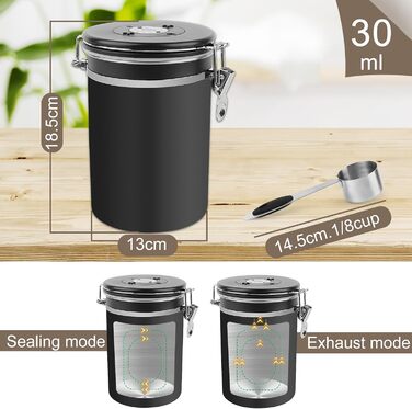 Герметичний контейнер для кави з нержавіючої сталі, 1,8L, з випускним клапаном, для кавових зерен, горіхів, какао (BK)