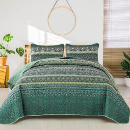 WONGS BEDDING Bedspread 220x240 Bed Throw Bohemian Quilt Steppdecke 3-Piece Double Bed Quilted Bedspread Microfiber Throw Blanket with 2 Pillowcases 50x70 for Bedroom as Sofa Throw (Bohemian) (200x220 cm, Dark Green)