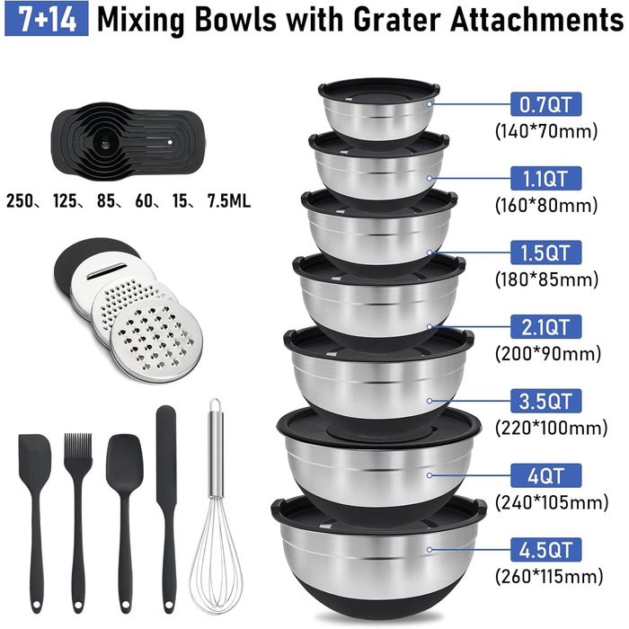 BEWOS 7-Piece Mixing Bowls with Lid, Stainless Steel Mixing Bowls with Grater, Nesting Design & Non-Slip Bottom Mixing Bowl, Sizes 4.5, 4, 3.5, 2.1, 1.5, 1.1, 0.7 Qt for Mixing & Serving