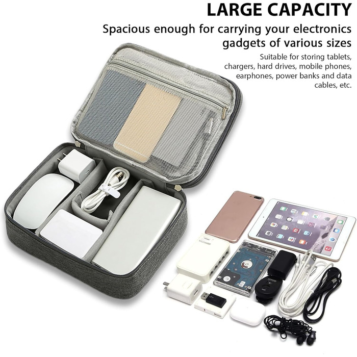 Органайзер для кабелів Neusid: водонепроникна сумка-організатор для подорожей, 3 відділення, для USB-кабелів, Power Bank, сірий