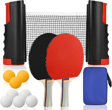 Набір для настільного тенісу CHRI: 2 ракетки, сітка, 6 м'ячів, сумка. Підходить для дітей та дорослих