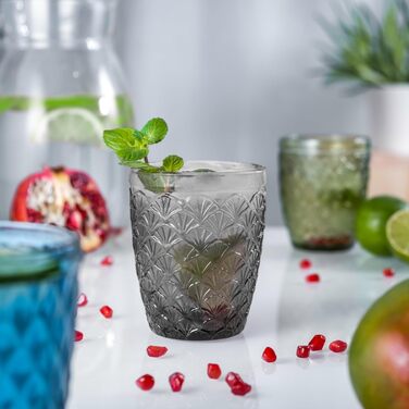 Norqvist Drinking Glasses Set Colorful - Glass Set - Colored Water Glasses, Juice Glasses - Set of 6, 250 ml - Dishwasher Safe - Modern Design with Patterns