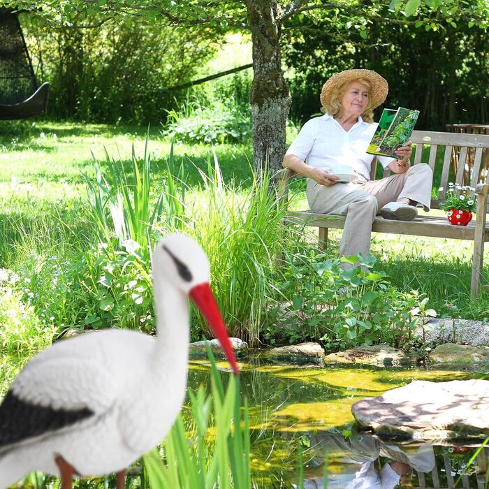 Relaxdays, white/red garden figure stork, garden decoration figure, fish heron protection, welcome stork for new baby, HBT 80 x 22 x 64 cm, garden decoration figure