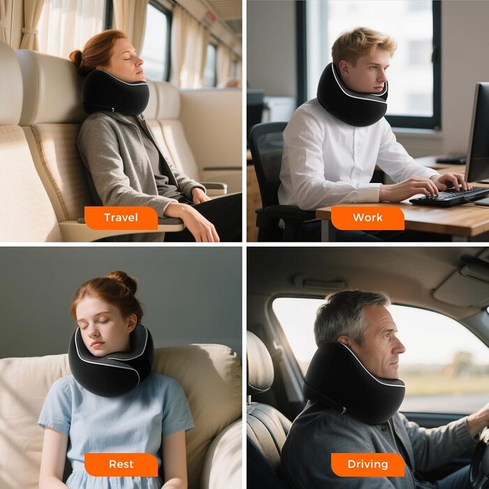 Подушка для шиї у подорожах: Memory Foam, регульована, з навушниками та маскою для сну (Чорний)