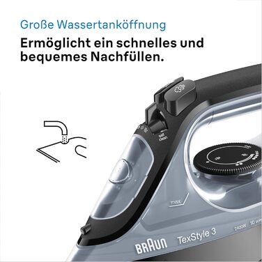 Праска з парою Braun FreeStyle 3 FI3124 PU, 2400 Вт, чорний/фіолетовий, технологія FreeGlide 3D, підошва SuperCeramic, Ultimate FastClean, автовимкнення, вертикальне прасування