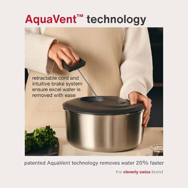 Салатозламач Zyliss Easy Spin з нержавіючої сталі, 6 л, з мотузковим приводом, миска для салатів з кришкою, BPA-free, неслизьке дно, AquaVent™-технологія, кнопка стоп, придатний для миття в посудомийній машині