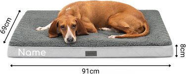 Ортопедичне ліжко для собак Lionto, 60x40x8 см, міцне лежання з м'яким плюшем, знімний та пральний чохол, водовідштовхувальне, підходить для собак та котів (L 91 x W 69 x H 8 см з нанесенням імені, сірий)