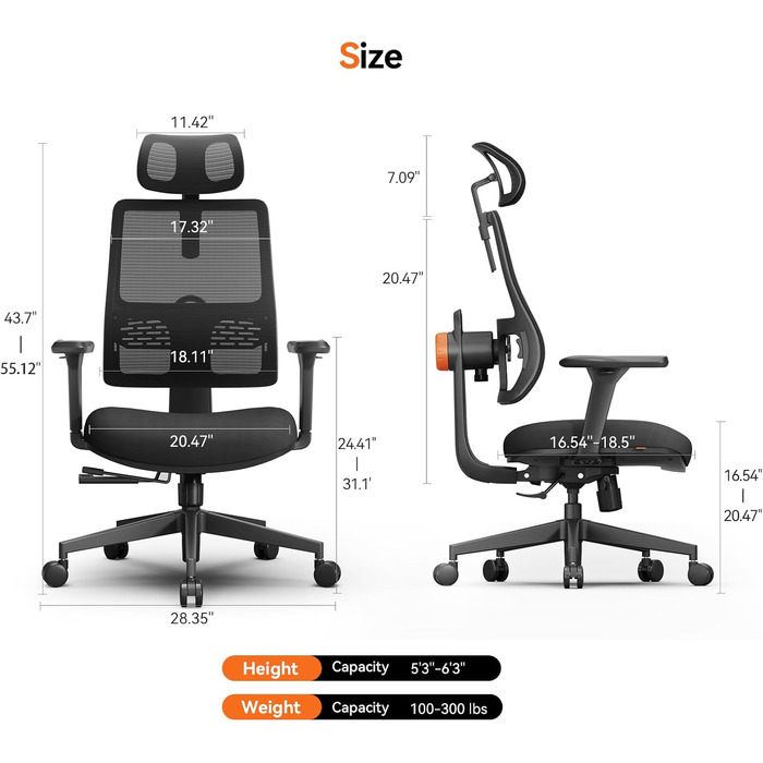 Офісний стіл Newtral з ергономічною підтримкою попереку, регульованою підголівником та 3D-підлокітниками, регульованою глибиною та висотою сидіння, чорний (без підставки для ноутбука)